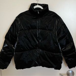 Black Vinyl Puffer Bomber Jacket